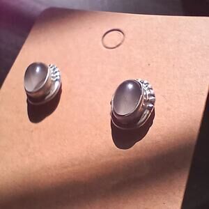 Vintage Oval Stud Earrings semi opaque natural stone cabochon 925 silver tarnish
